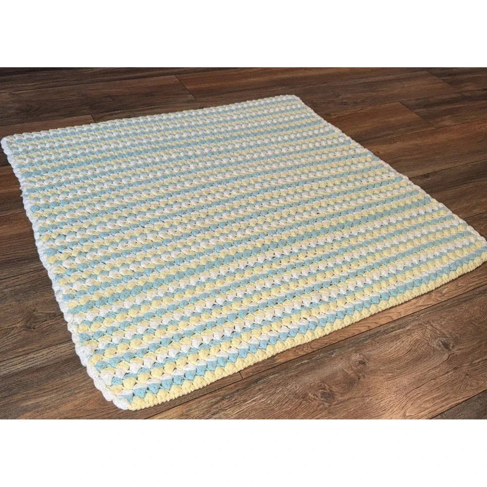 Vtg Crotchet Baby Blanket HandKnitted Blue & Yellow Boys Nursery Soft‎ 34x35in